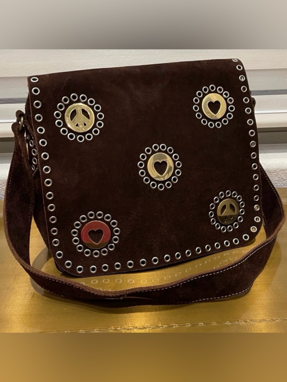 EUC Vintage Moschino Brown Suede Shoulder Bag 90’s Hearts & Peace